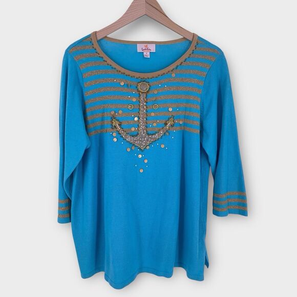 Quacker Factory Blue Gold Metallic Beaded Anchor Sweater Nautical M - Picture 10 of 10